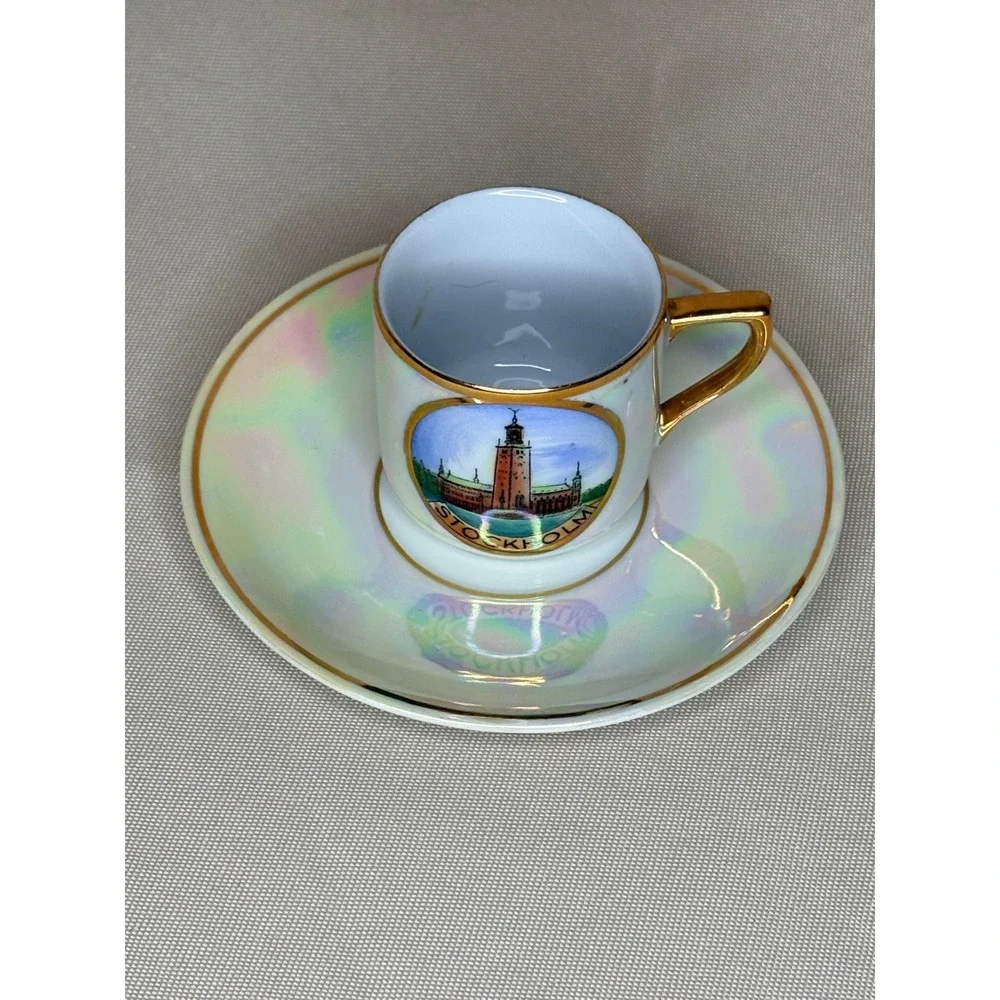 Vintage Stockholm Sweden Lusterware Demitasse Cup and Saucer Set Gold Trim